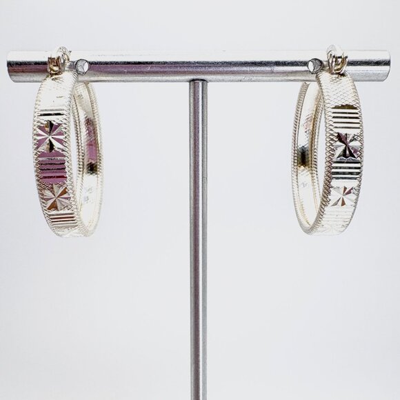 VTG Sterling Silver 925 Textured Hoop Earrings Hinged Posts Size 1.25" Length - Picture 1 of 8